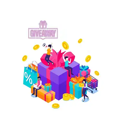 carton people celebrating on top of giant gifts. Cartoon Woman with yellow teacher and bullhorn jumping on giant purple gift. Cartoon Give away promotion