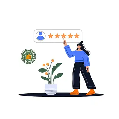 cartoon woman in a blue shirt with black hair pointing at a 5 star customer review with a satisfaction guaranteen sitcker on the side and a green plant with yelloww flowers.