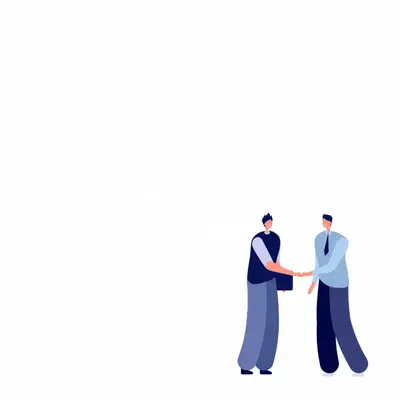 legal template coming out of a cartoon computer screen with two men shaking hands in front. Two cartoon men shaking hands doing a business deal in front of a PC with a legal template