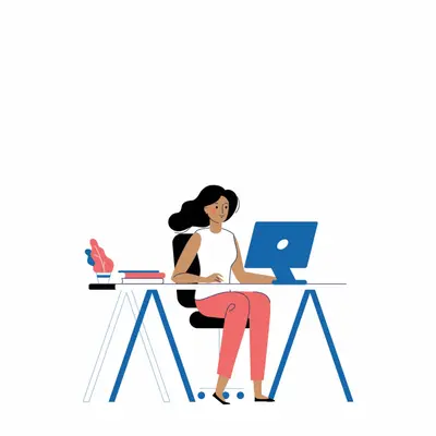 Cartoon Woman sitting in desk with PDF icon over her head Legal templates