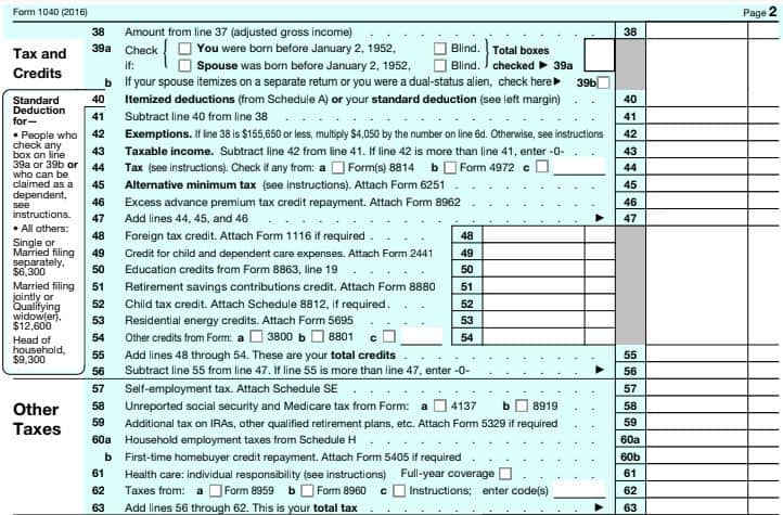 Here are all of the Taxes and Credits on the 1040 2016 tax form