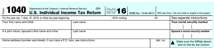 The top of the 1040 2016 PDF form for filing taxes