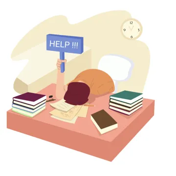 Cartoon man with head down in a desk surrounded by books holding a help sign